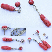 Vintage Art Deco Earrings 14k Gold Carved Coral Ear Pendants  (6506)