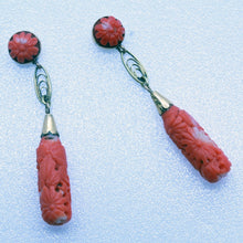 Vintage Art Deco Earrings 14k Gold Carved Coral Ear Pendants  (6506)