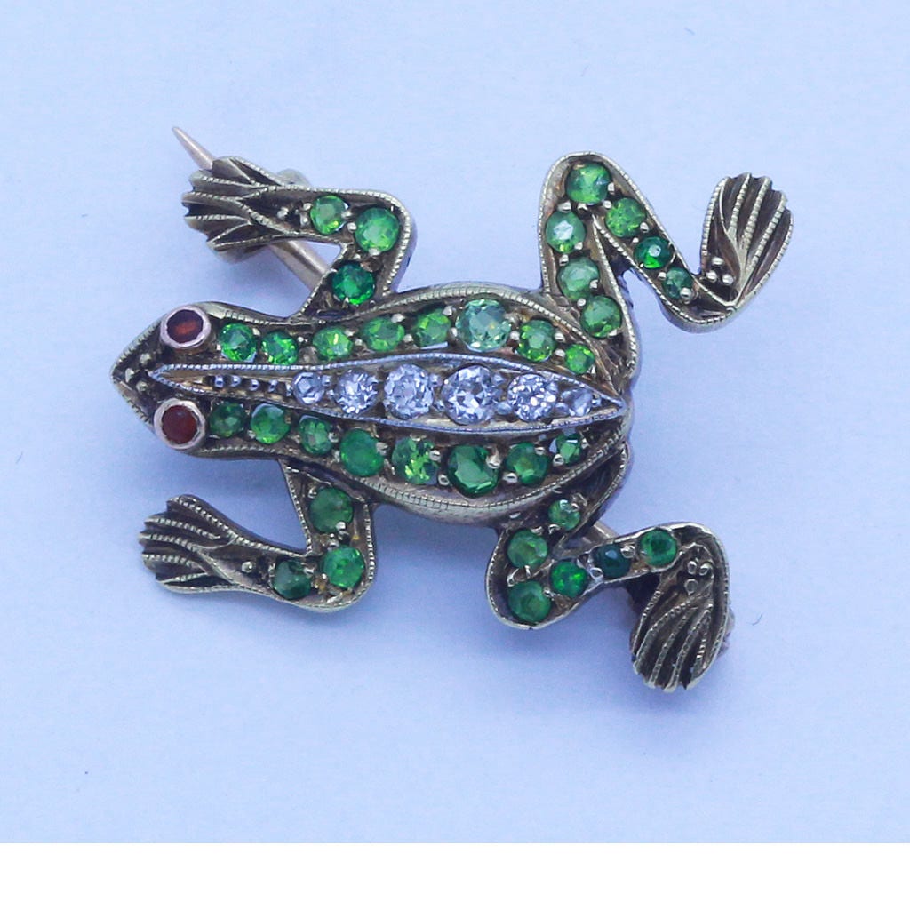 Victorian Brooch Frog 18k Gold Demantoid Garnets Diamonds French Unisex (6431)