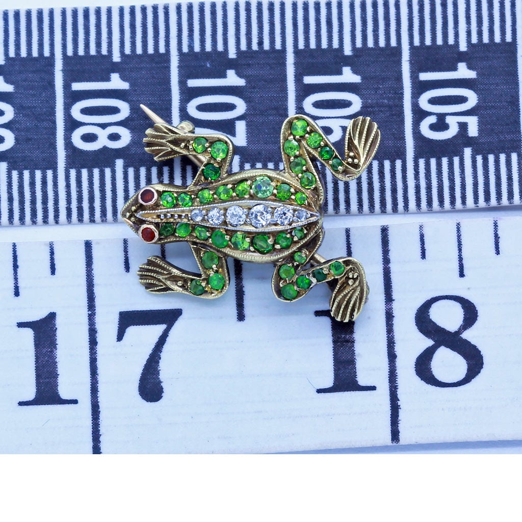 Victorian Brooch Frog 18k Gold Demantoid Garnets Diamonds French Unisex (6431)