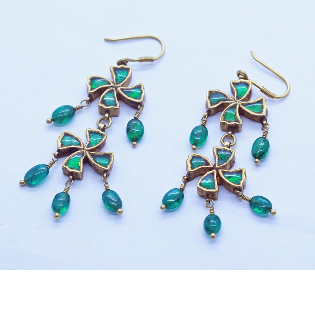 Antique Earrings Gold Emeralds Ear Pendants Indian 22k Kundan Wedding (6433)
