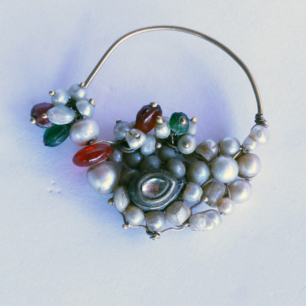 Antique Nose Ring Nath Natural Basra Pearls 22k Gold Gem Glass Indian (6455)