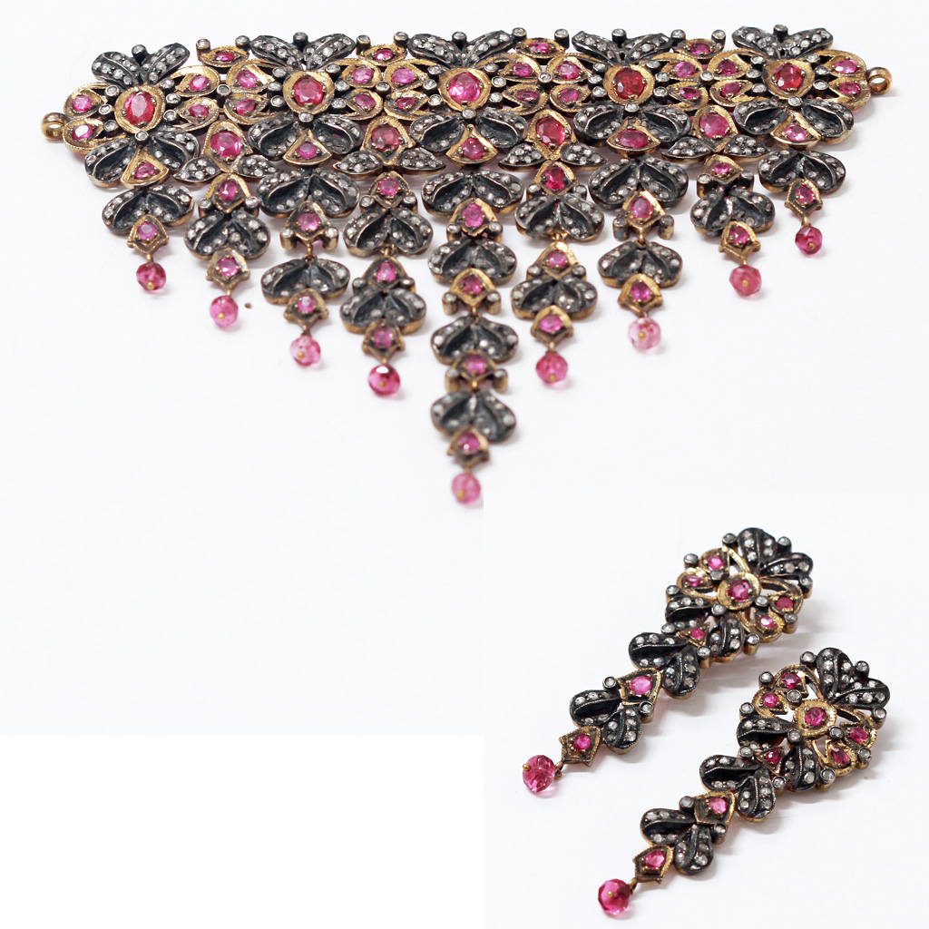Antique Necklace Earrings Set Gold Diamond Ruby Spinel Silver Anglo Indian(6490)