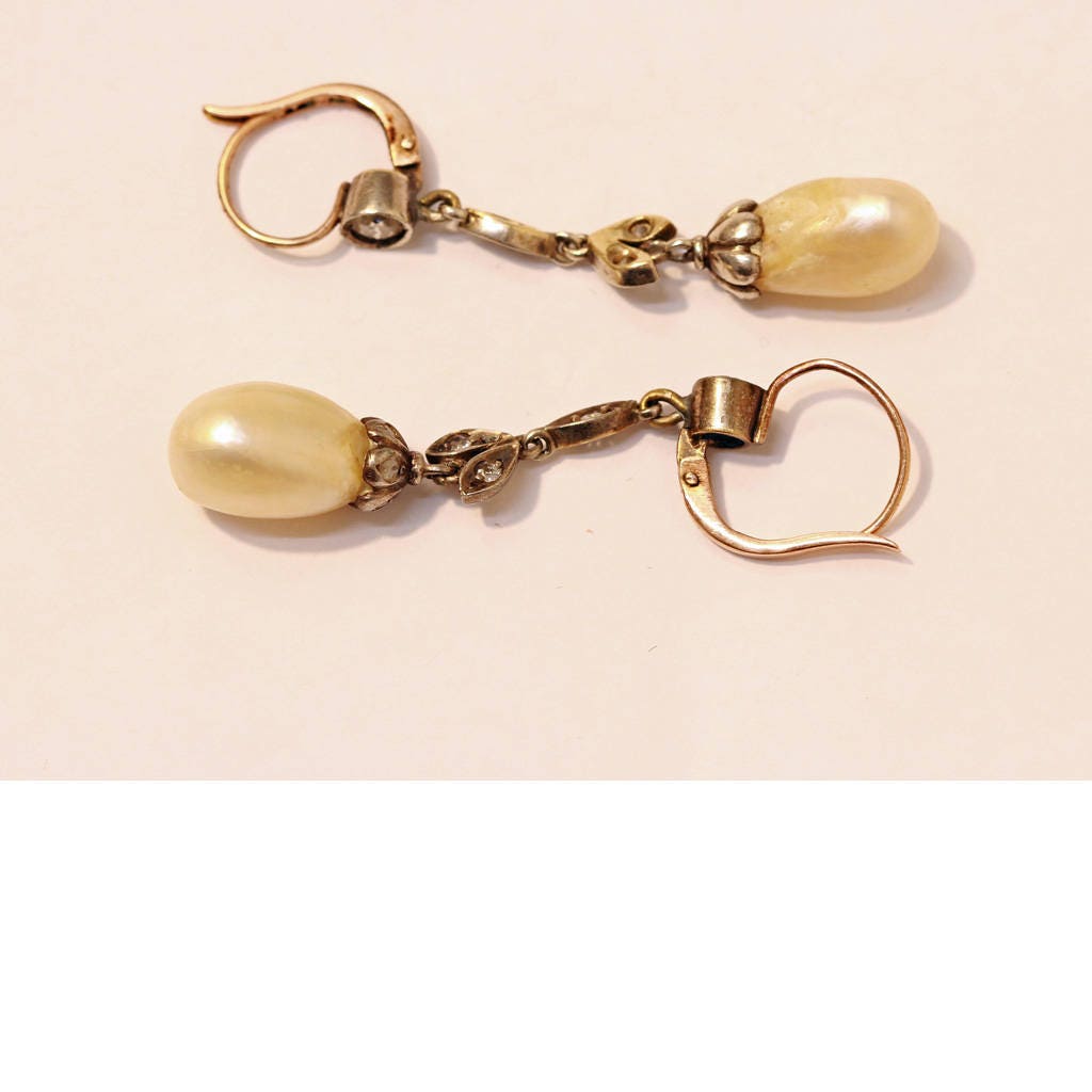 Antique Natural Pearl Earrings Diamonds Silver Gold GIA Certificate (6493)