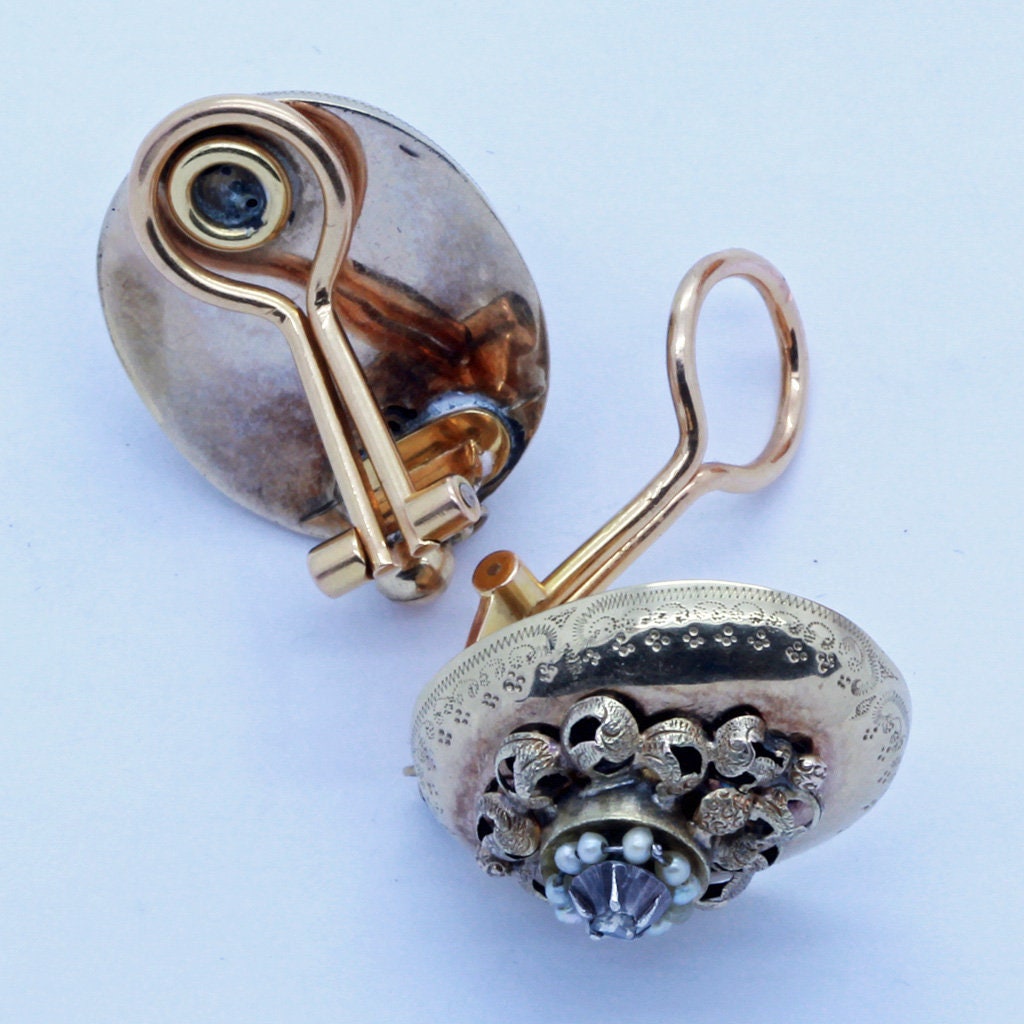 Antique Victorian Earrings 18k Gold Rose Cut Diamonds Pearls Silver (6528)