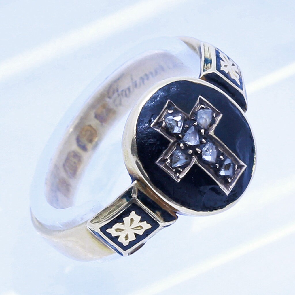Antique Victorian Mourning Ring 18k Gold Diamonds Enamel Cross Locket (6531)