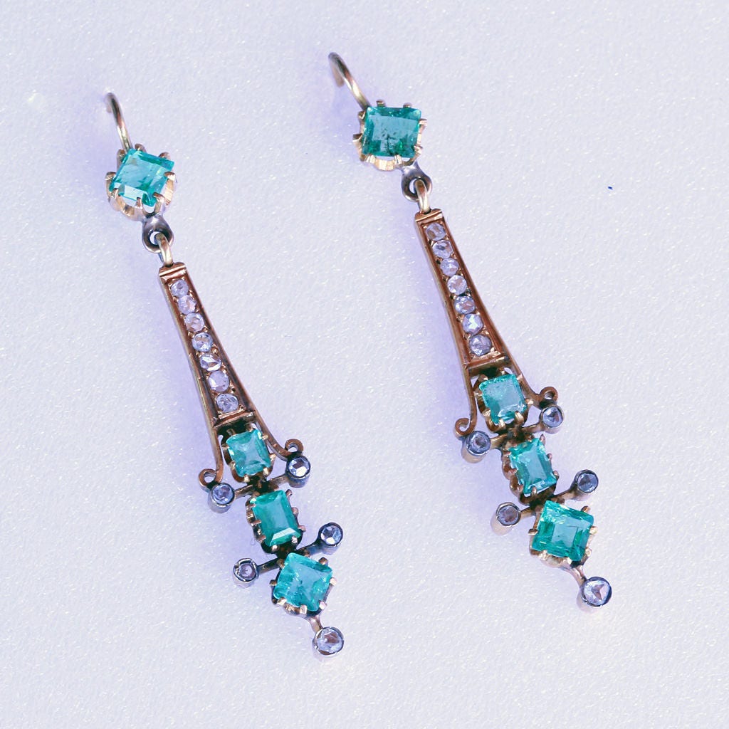 Antique Early Victorian Earrings Ear Pendants 14k Gold Diamonds Emeralds (6500)