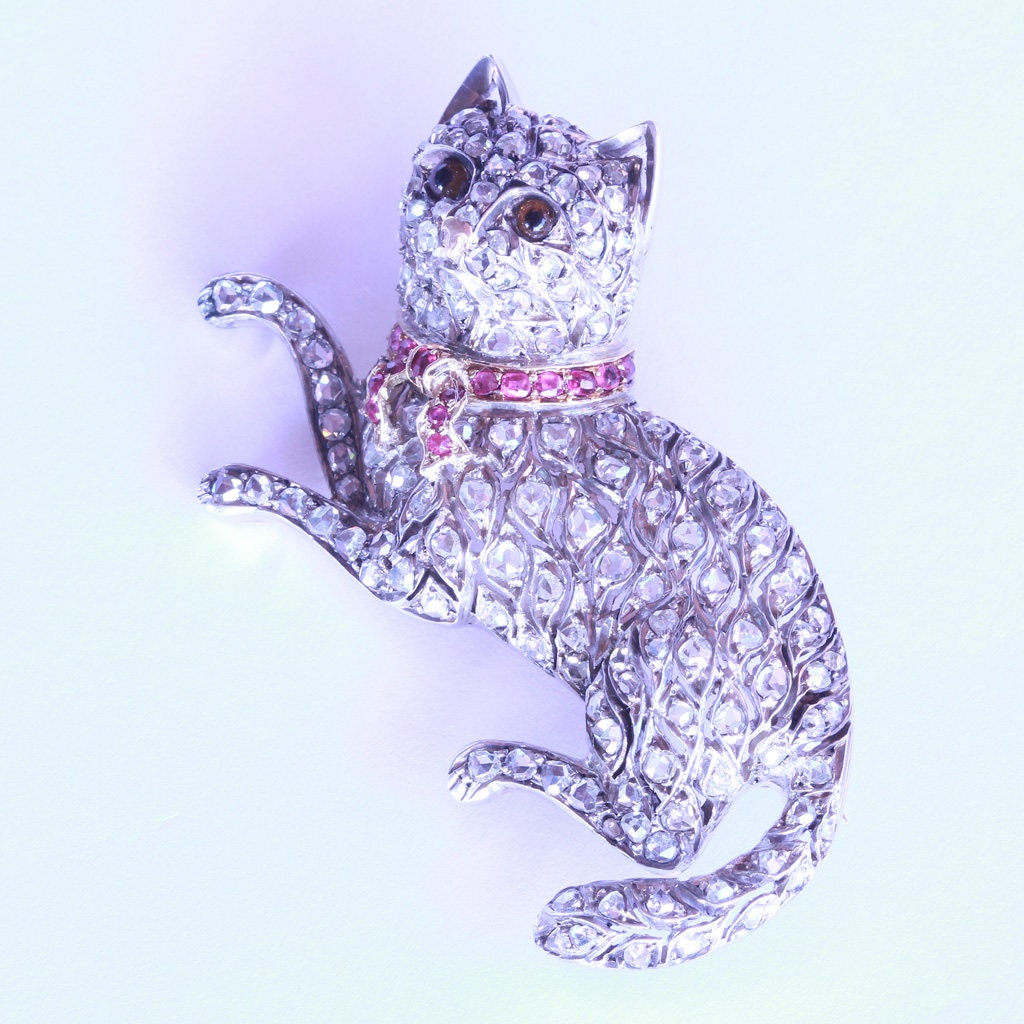 Antique Cat Brooch Gold Diamonds Silver Rubies Belle Epoque w Appraisal (6508)