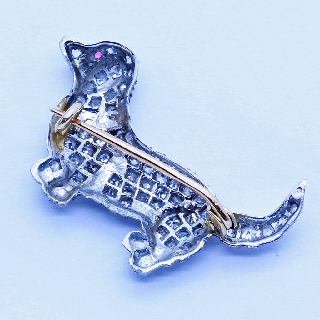 Antique Art Deco Brooch Dachshund Dog Platinum Gold Diamonds w Appraisal(6546)
