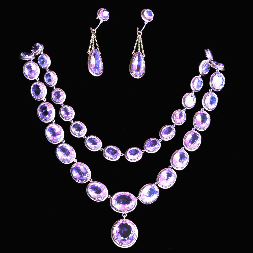 Victorian Necklace Earrings Set Day Night Double Riviere Amethyst Gold (6499)