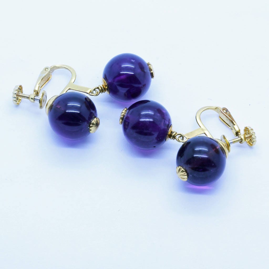 Vintage Mid-Century Modern Earrings 14k Gold Amethyst Deep Purple Drops