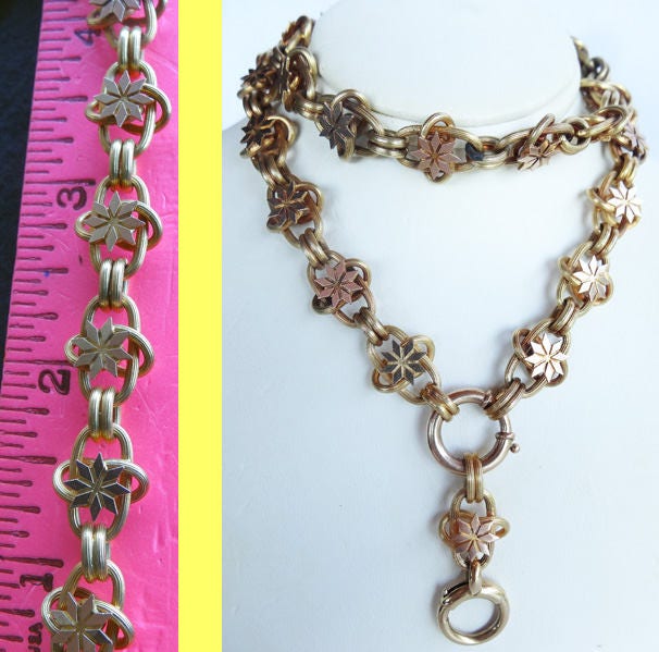 Antique Victorian Chain Necklace 15k Gold Large twisted Links w Stars (5680)