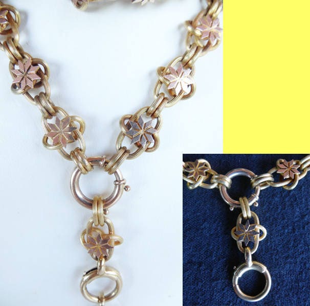 Antique Victorian Chain Necklace 15k Gold Large twisted Links w Stars (5680)