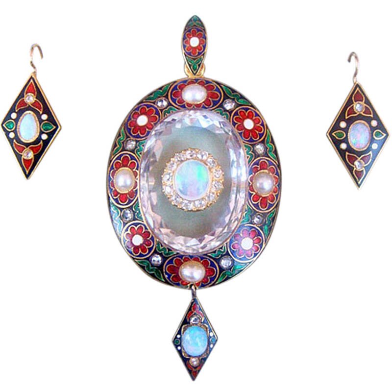 Holbeinesque Antique Victorian Jewelry Set Pendant Earrings Gold Diamond Opal Pearl Enamel (4877)