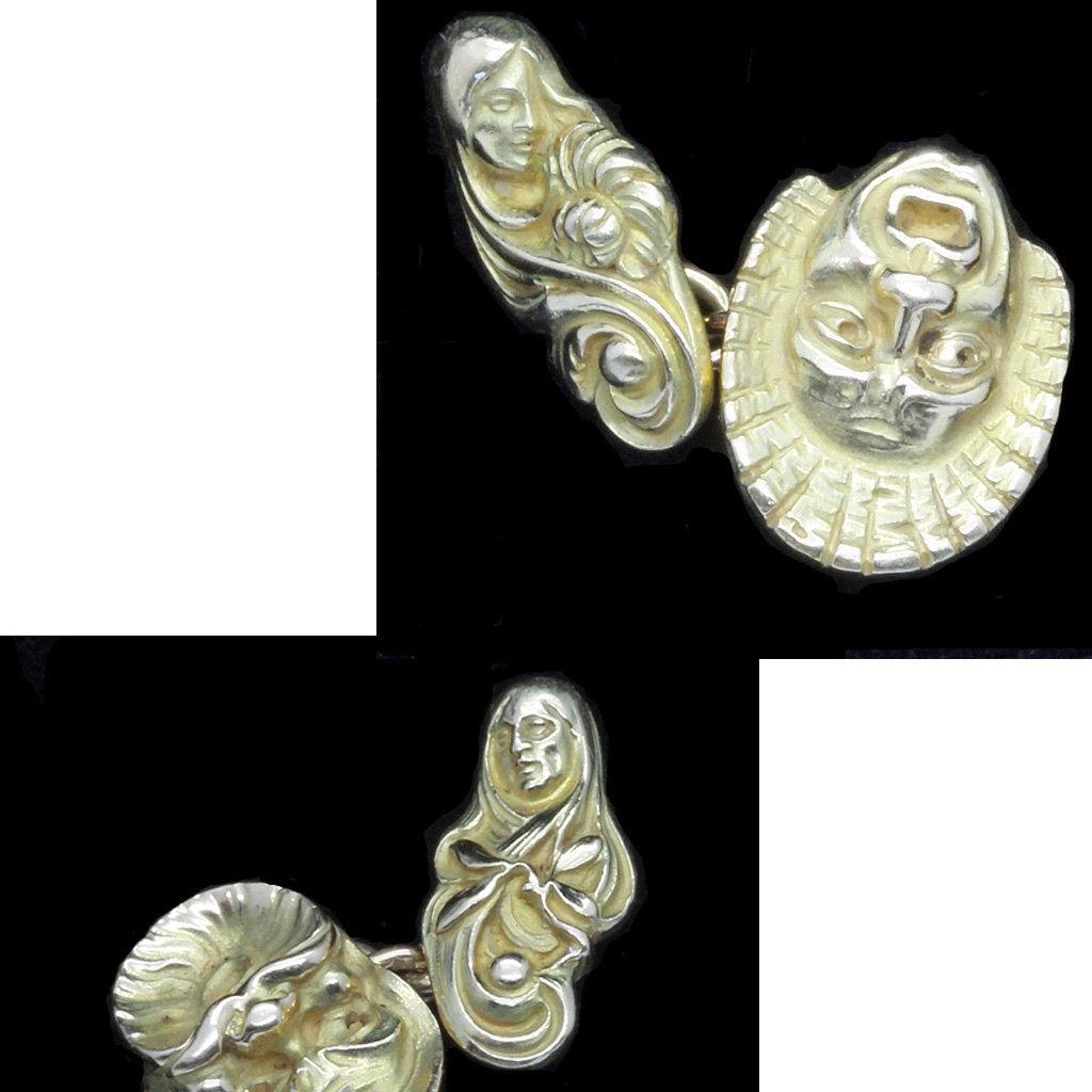 Antique Cufflinks Nouveau Man Woman Gold Theater Actor Mask French Unisex (5337)