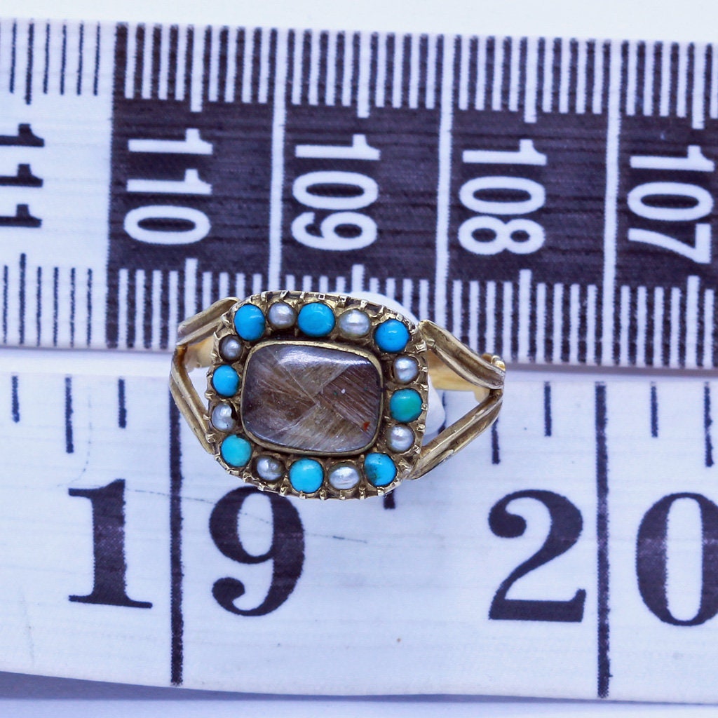 Antique Georgian Ring Turquoise Pearls 14k Gold Love Token Memorial (6529)