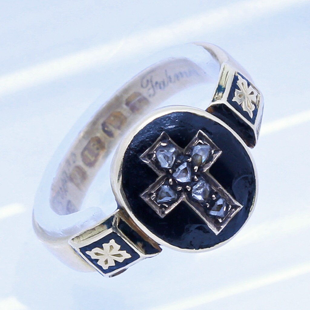 Antique Victorian Mourning Ring 18k Gold Diamonds Enamel Cross Locket (6531)
