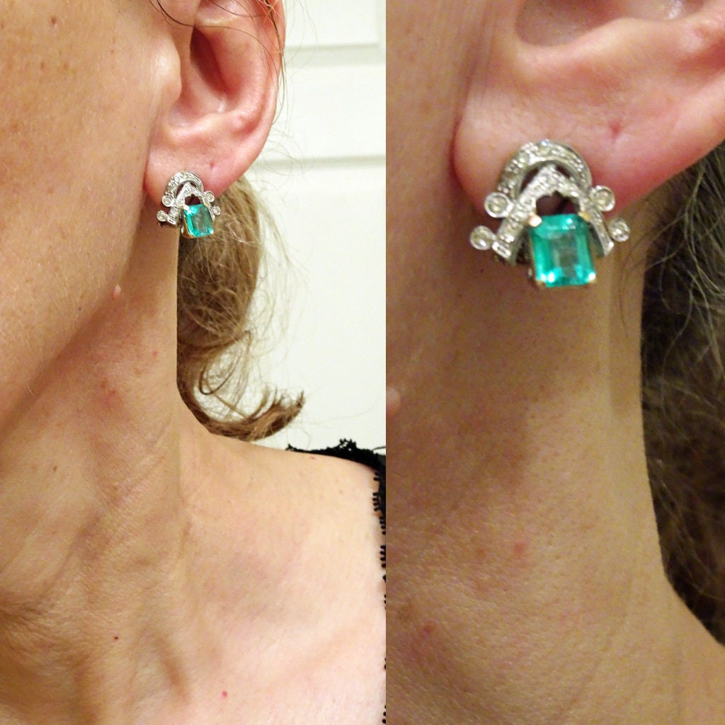 Earrings Emeralds Diamonds 14k White and Yellow Gold w Appraisal (6539)