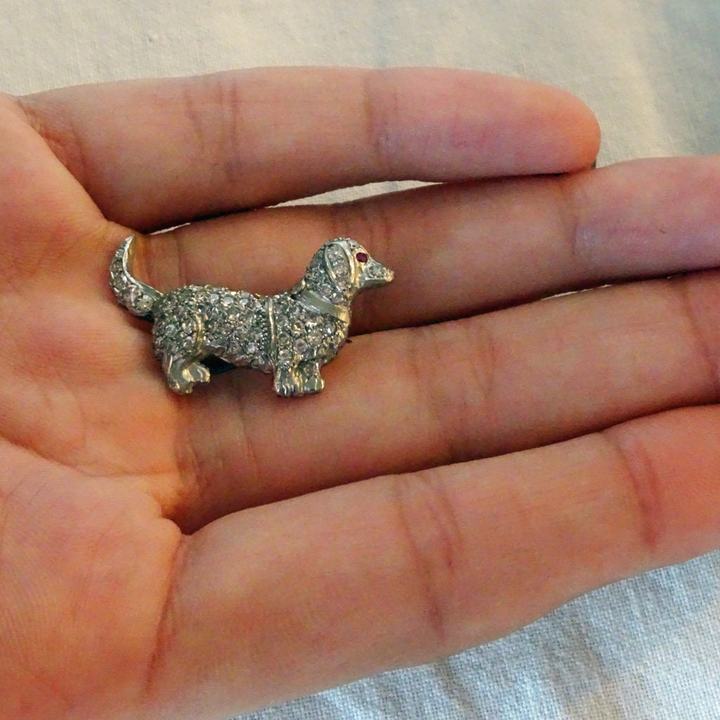 Antique Art Deco Brooch Dachshund Dog Platinum Gold Diamonds w Appraisal(6546)