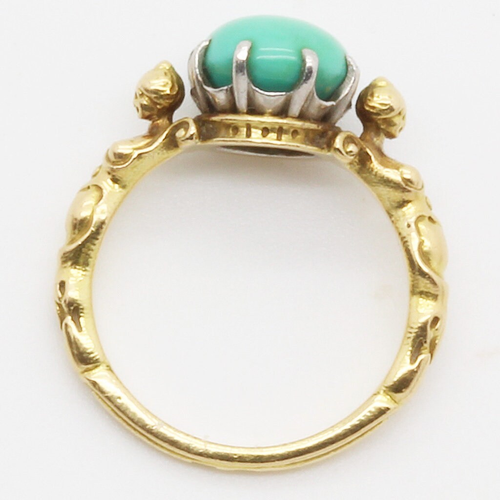 Antique Signed Wiese Ring Neo Renaissance 18k Gold Turquoise Figural (6085)