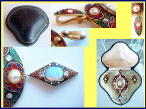 Holbeinesque Antique Victorian Jewelry Set Pendant Earrings Gold Diamond Opal Pearl Enamel (4877)