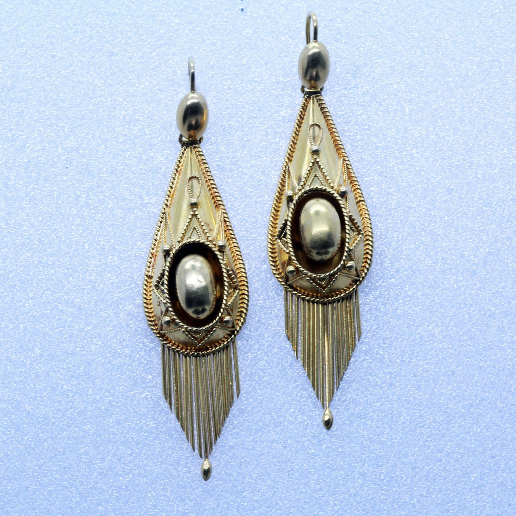 Victorian Earrings Etruscan Revival 18k Gold Granulation Filigree fringes (6558)