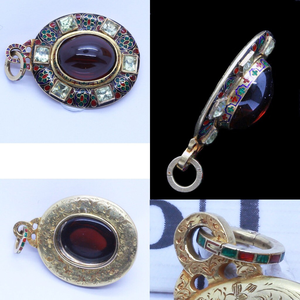 Antique Holbeinesque Locket Pendant 14k Chased Gold Garnet Gem Enamel (6563)