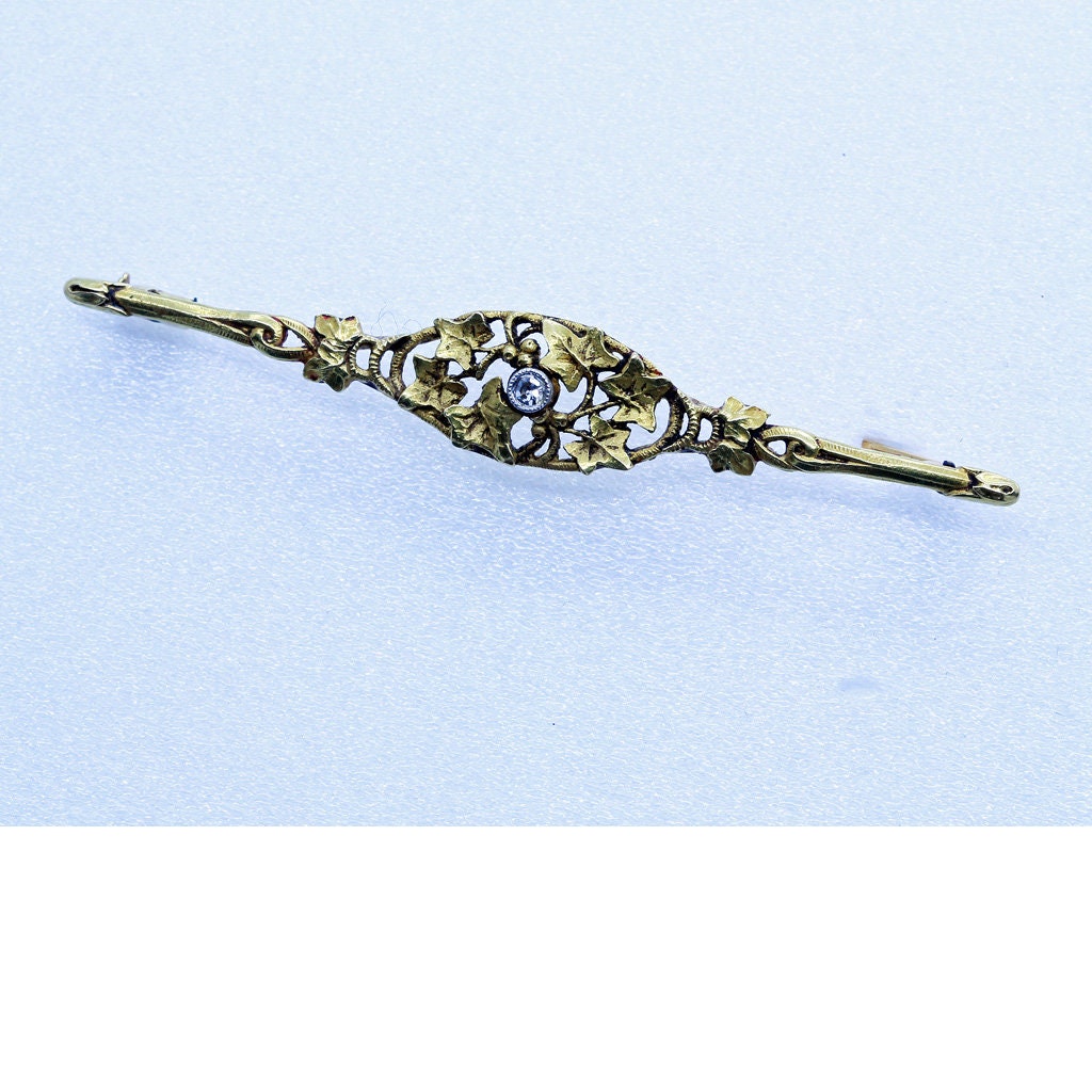 Antique Nouveau Brooch 18k Gold Diamond French Foliage Leaves 19C Unisex (6565)