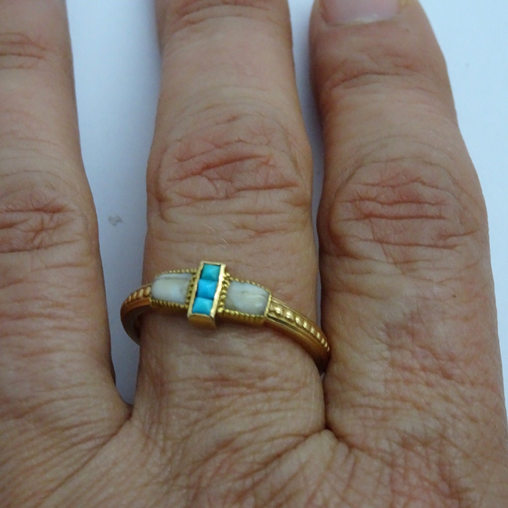 WIESE Antique Ring 18k Gold Turquoise French Victorian Sentimental Signed (6569)
