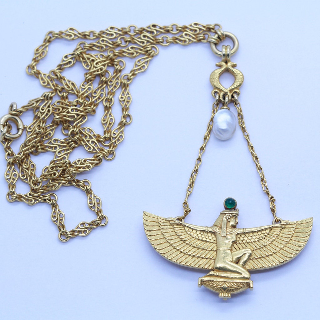 Wiese Necklace Egyptian Revival 18k Gold Emerald Natural Pearl Signed (6570)