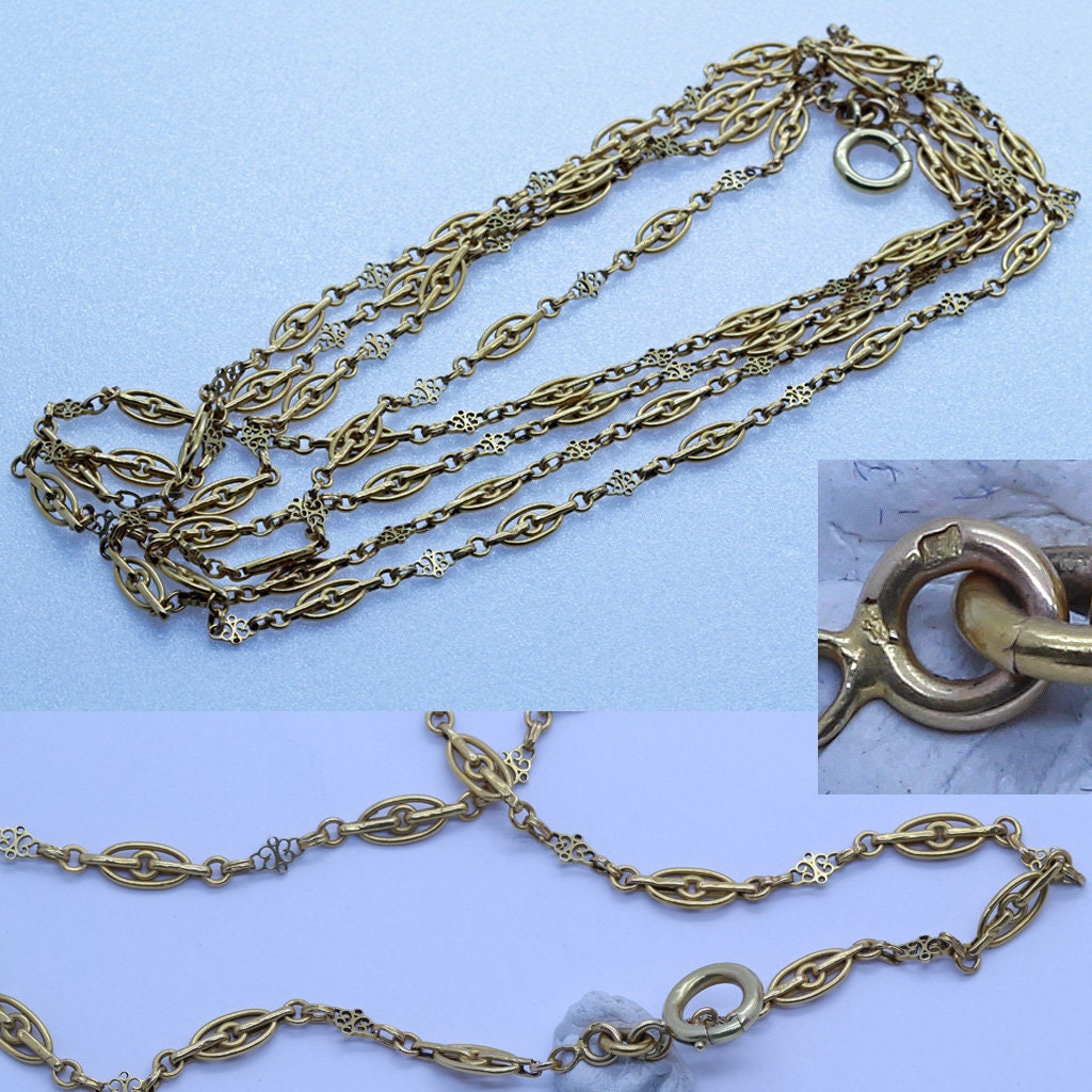 Antique Chain Necklace Sautoir 18k Gold Victorian Nouveau French Long (6573)