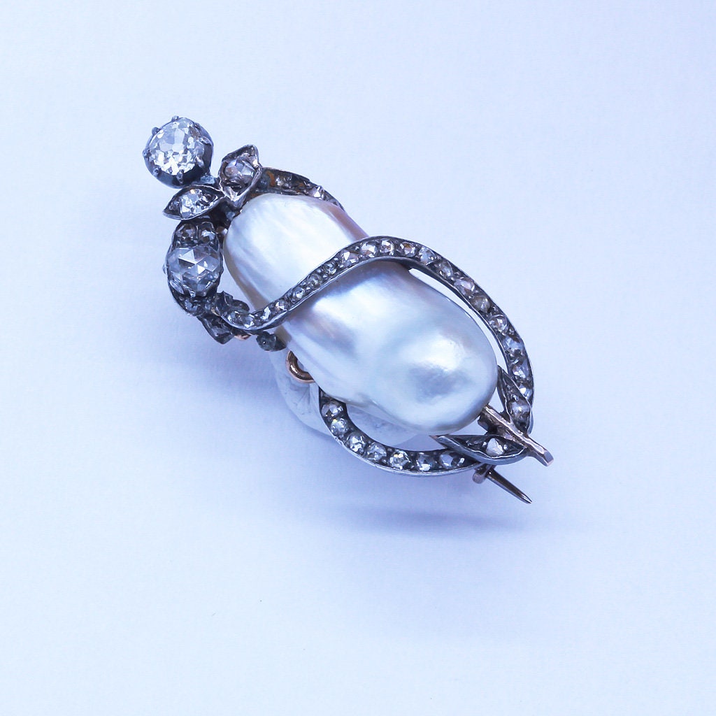 Antique Brooch Natural Pearl Certified 18k Gold Silver Diamonds Victorian (6578)