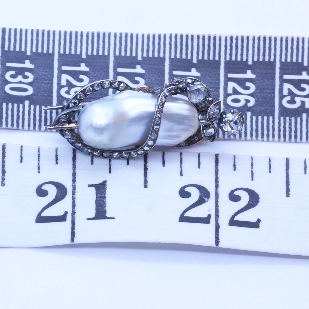 Antique Brooch Natural Pearl Certified 18k Gold Silver Diamonds Victorian (6578)
