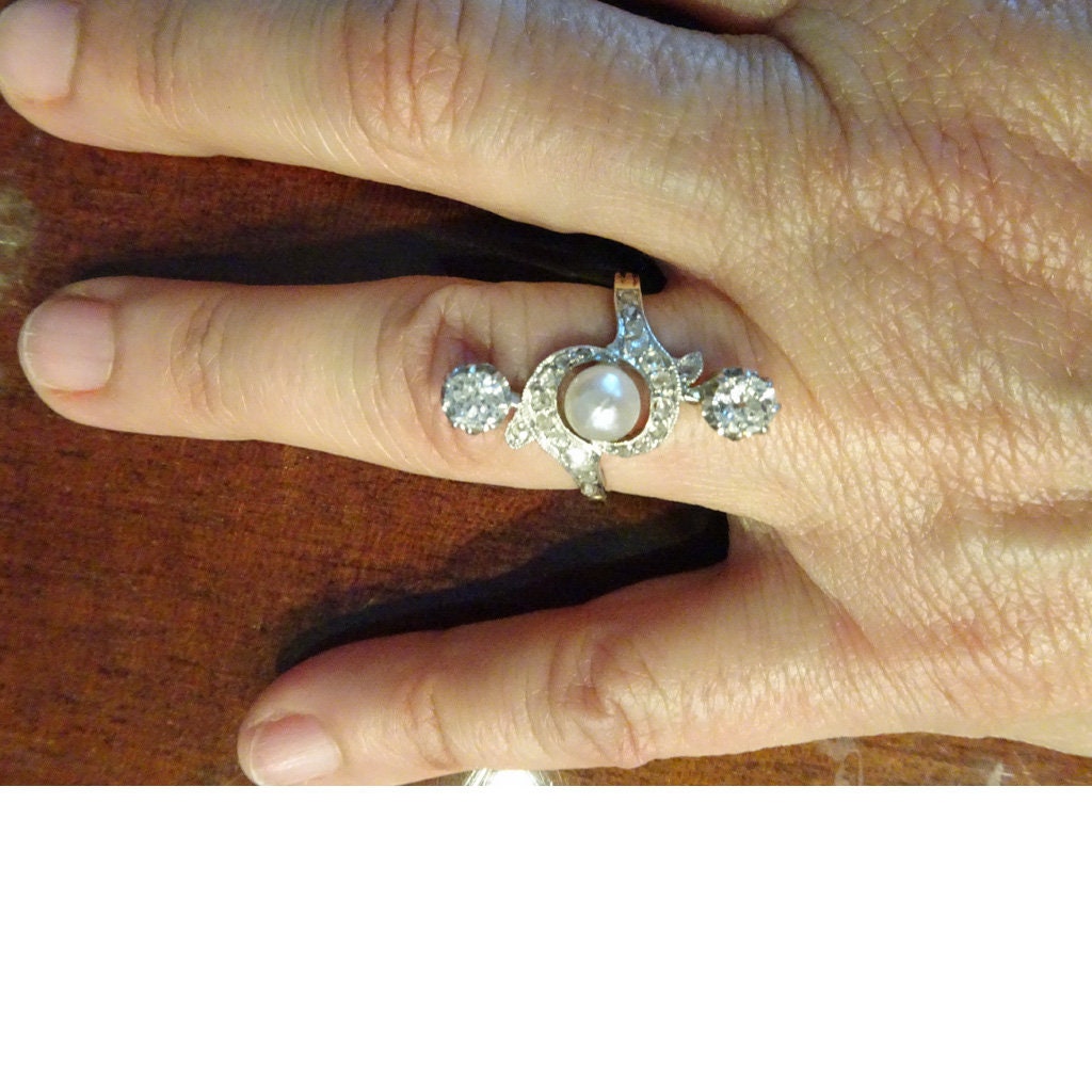 Antique Nouveau Ring Platinum 18k Gold Diamonds Pearl French w Appraisal (6579)