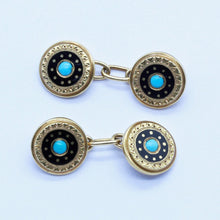 Antique Cufflinks 18k Gold Enamel Turquoise Unisex Gentleman or Lady (6583)