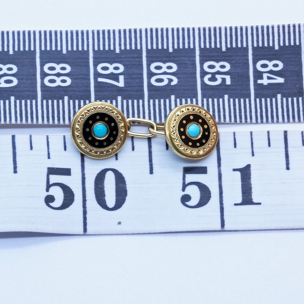 Antique Cufflinks 18k Gold Enamel Turquoise Unisex Gentleman or Lady (6583)