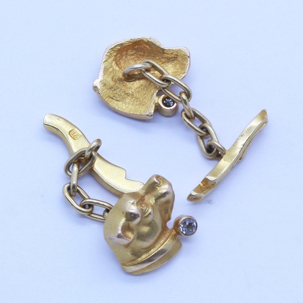 Vintage Dog Cufflinks 18k Gold Diamonds Gentleman's Jewelry Man Unisex (6593)