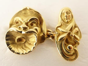 Antique Cufflinks Nouveau Man Woman Gold Theater Actor Mask French Unisex (5337)