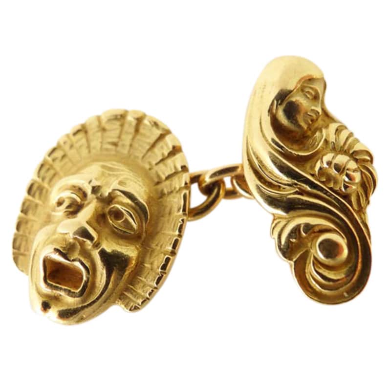 Antique Cufflinks Nouveau Man Woman Gold Theater Actor Mask French Unisex (5337)