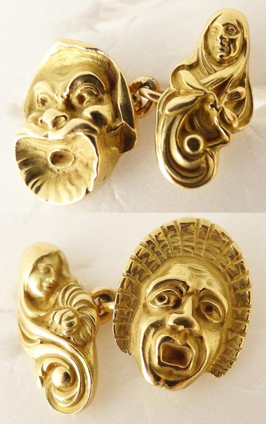 Antique Cufflinks Nouveau Man Woman Gold Theater Actor Mask French Unisex (5337)