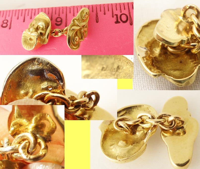 Antique Cufflinks Nouveau Man Woman Gold Theater Actor Mask French Unisex (5337)