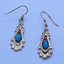 Antique Victorian Earrings 14k Gold Turquoise Dangle Drop Ear Pendants (6602)