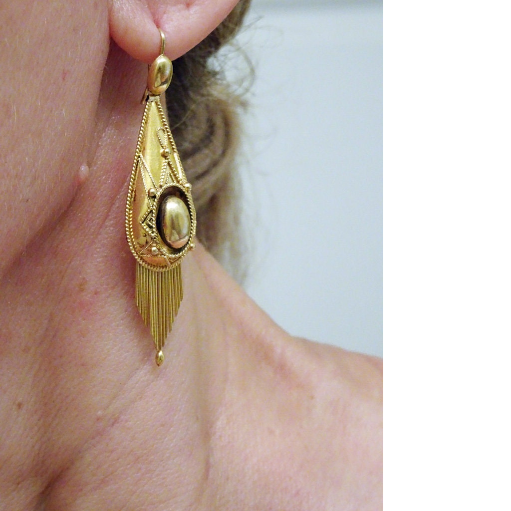 Victorian Earrings Etruscan Revival 18k Gold Granulation Filigree fringes (6558)