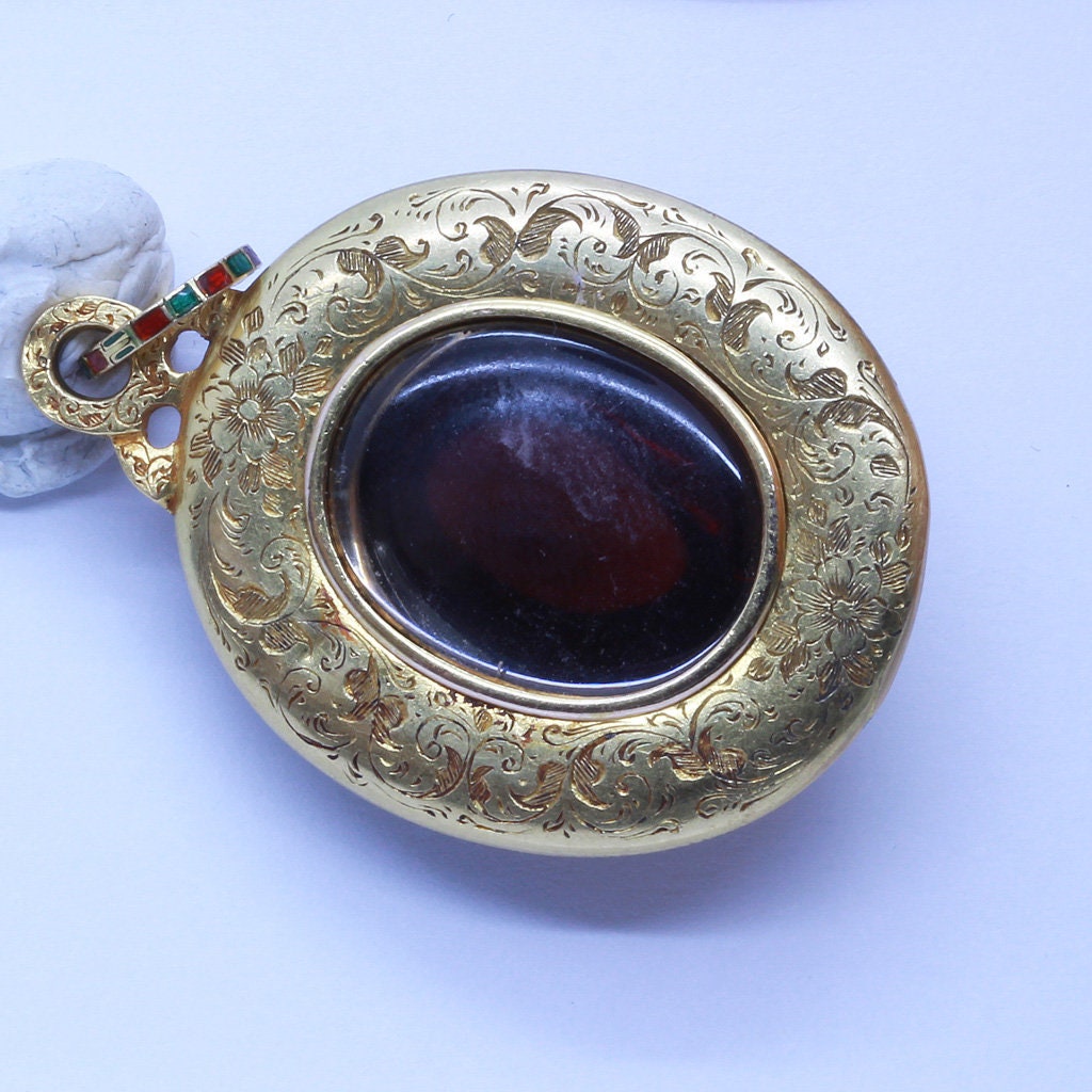 Antique Holbeinesque Locket Pendant 14k Chased Gold Garnet Gem Enamel (6563)