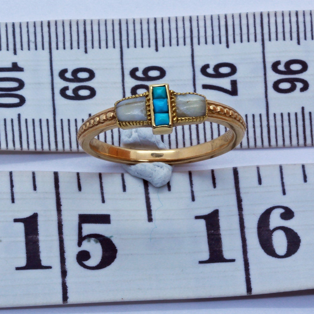 WIESE Antique Ring 18k Gold Turquoise French Victorian Sentimental Signed (6569)