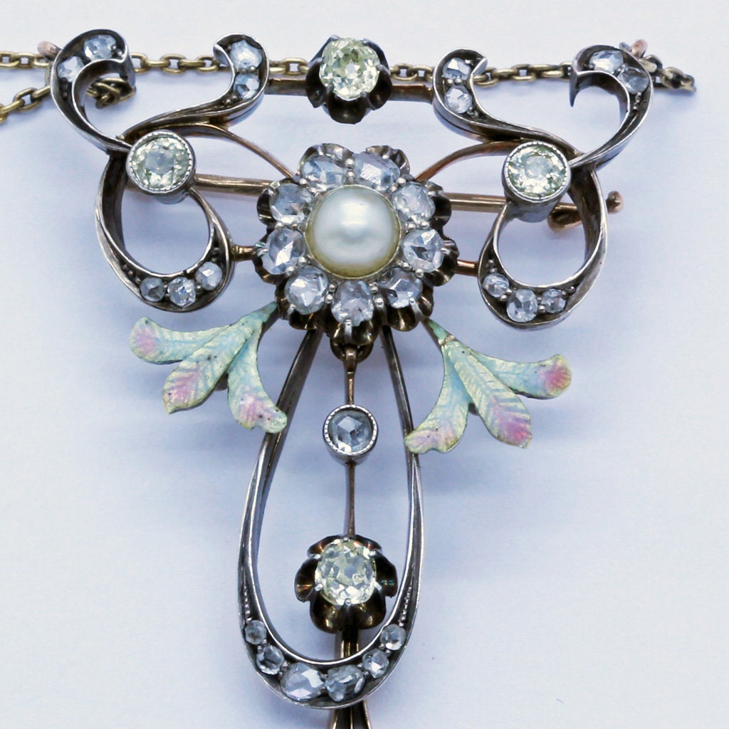 Antique Russian Pendant Necklace Brooch Diamonds Pearl Enamel Gold Silver (6572)