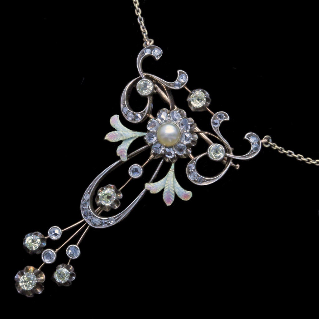 Antique Russian Pendant Necklace Brooch Diamonds Pearl Enamel Gold Silver (6572)