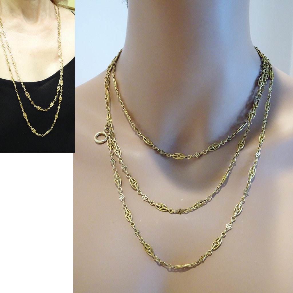Antique Chain Necklace Sautoir 18k Gold Victorian Nouveau French Long (6573)