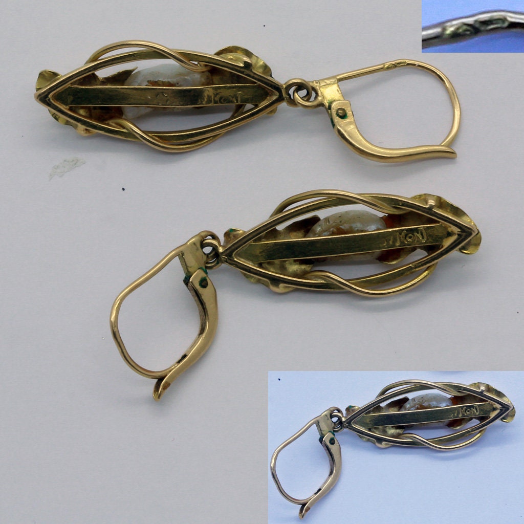 DuMont Antique Nouveau Earrings Signed 18k Gold Natural Baroque Pearls (6577)