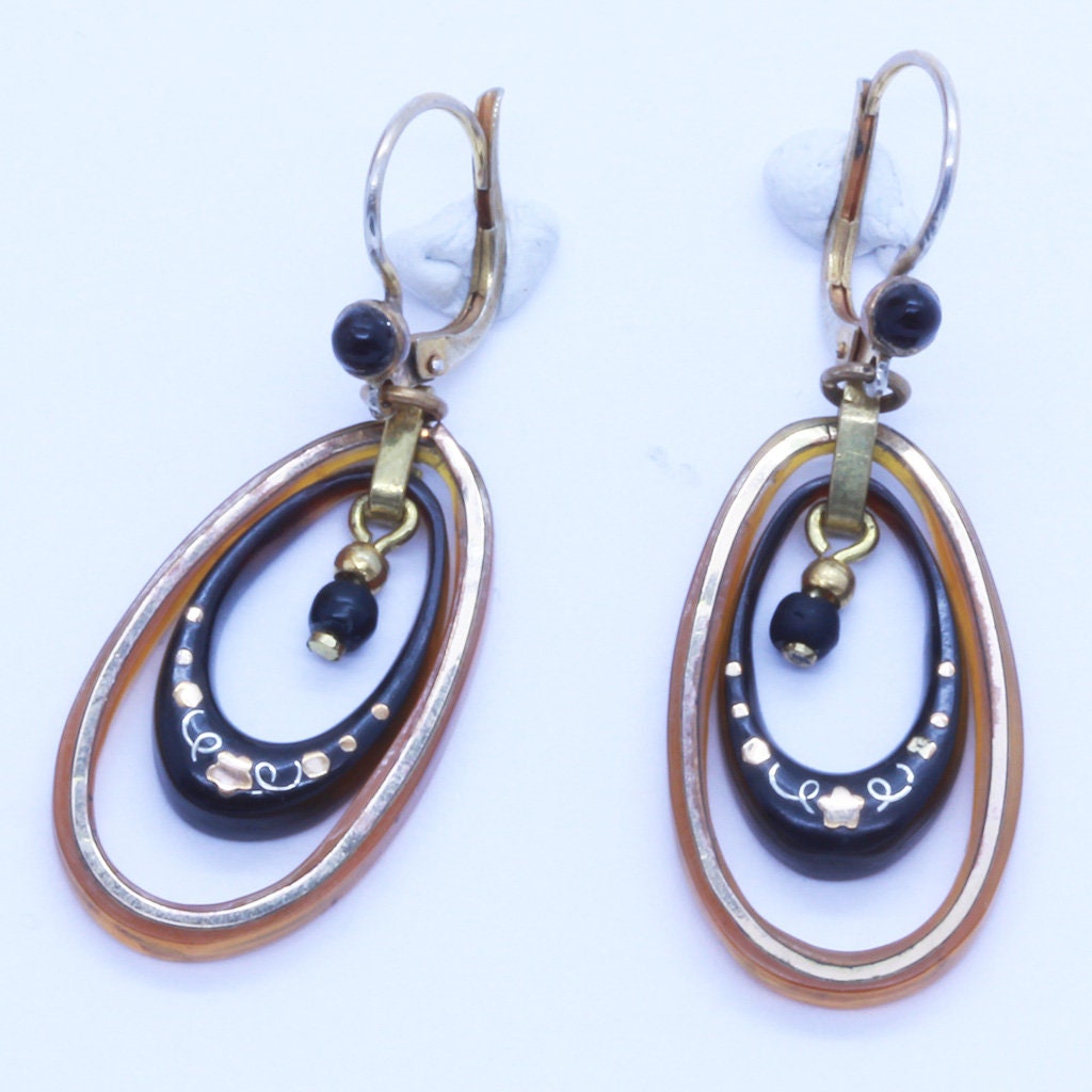 Antique Victorian Earrings Pique Gold Inlay Dangling Swinging Ear Pendants (6589)